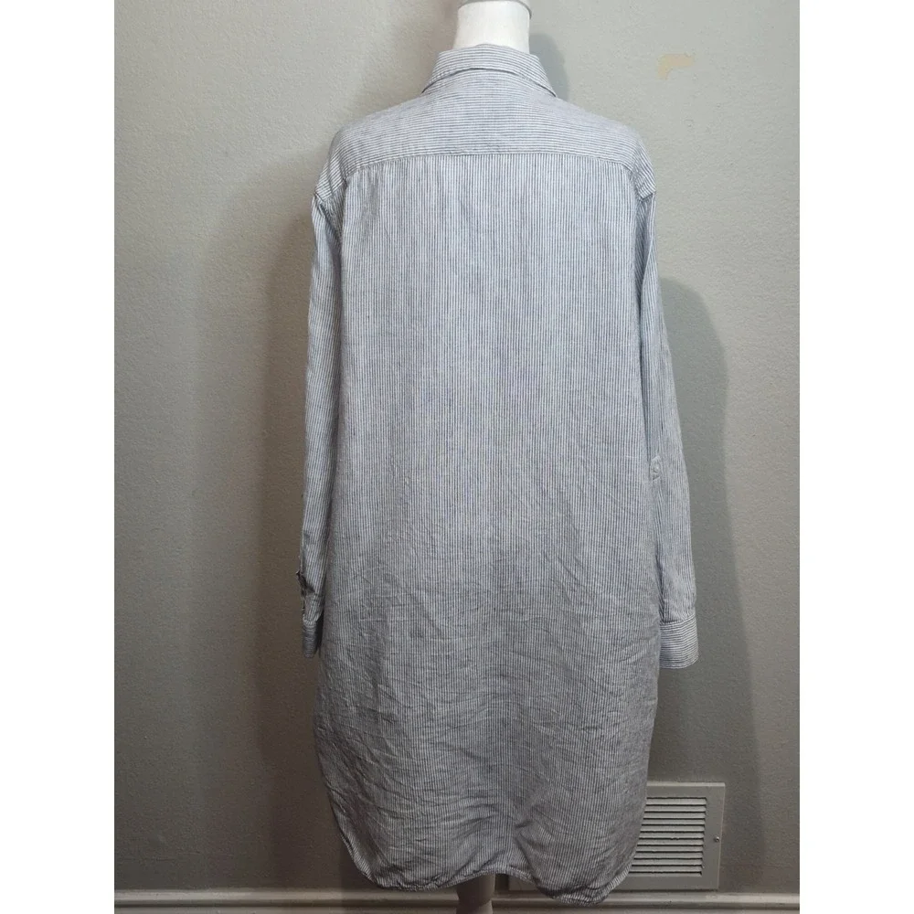 Quince 100% Linen Shirt Dress Size L Blue  Button Front Midi Pockets Coastal